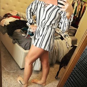 Blue and White stripped off the shoulders romper